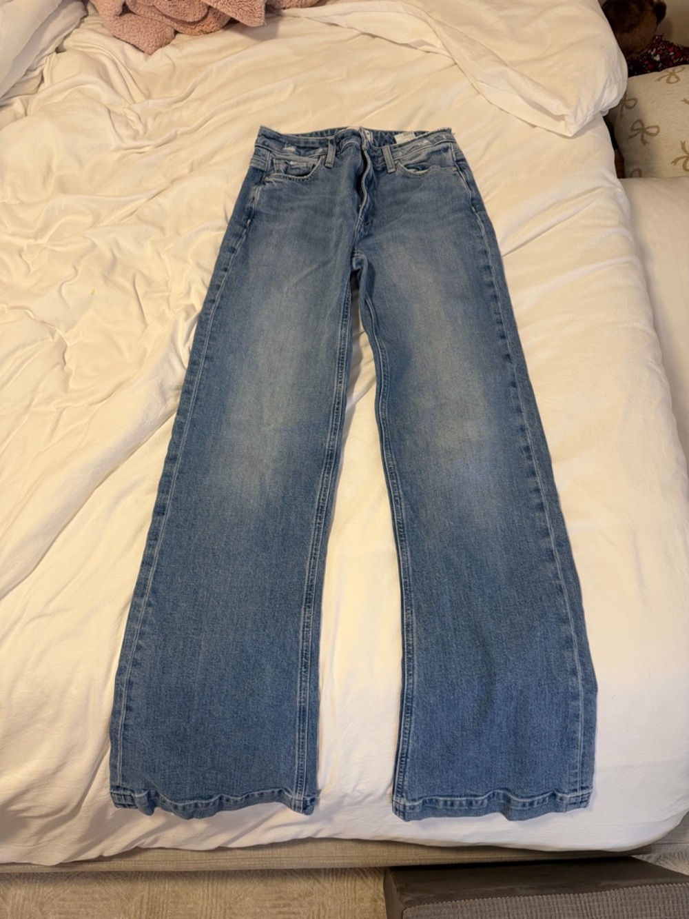 PAIGE Mid-Wash Blue Wide-Leg Jeans